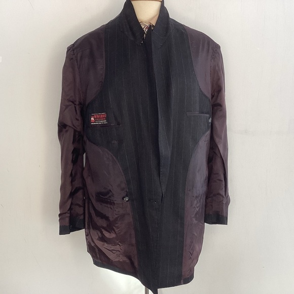 Double Breasted Peak Collar Charcoal/ Blue Bespoke Pinstripe Suit Coat 42 Reg - Picture 7 of 12